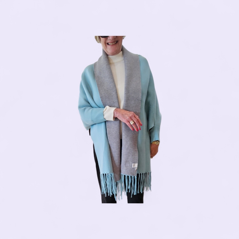 Stylish Seafoam and Gray Cozy Women's Cape With Sleeves